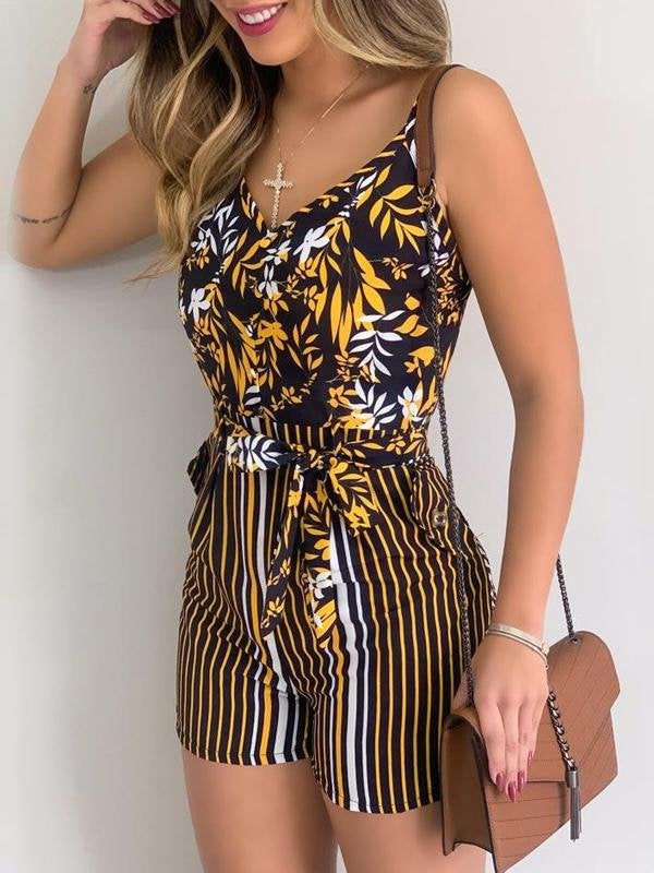 V-neck Leaf Print Tie Suspender Jumpsuit