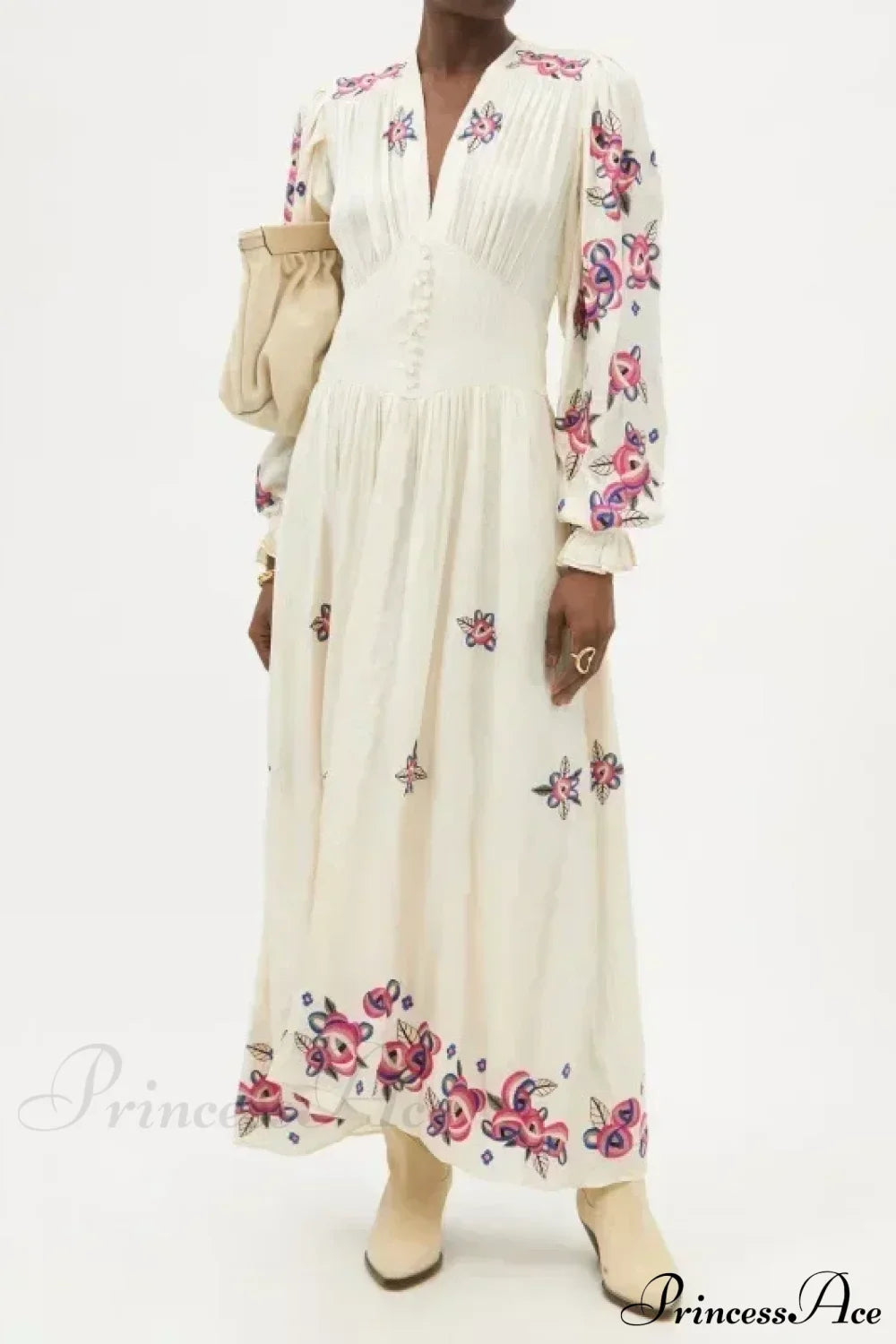 V-neck Floral A-line Lantern Sleeve Cotton Boho Dress Beige / S bohodress-250126