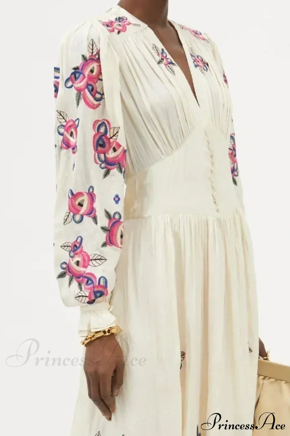 V-neck Floral A-line Lantern Sleeve Cotton Boho Dress