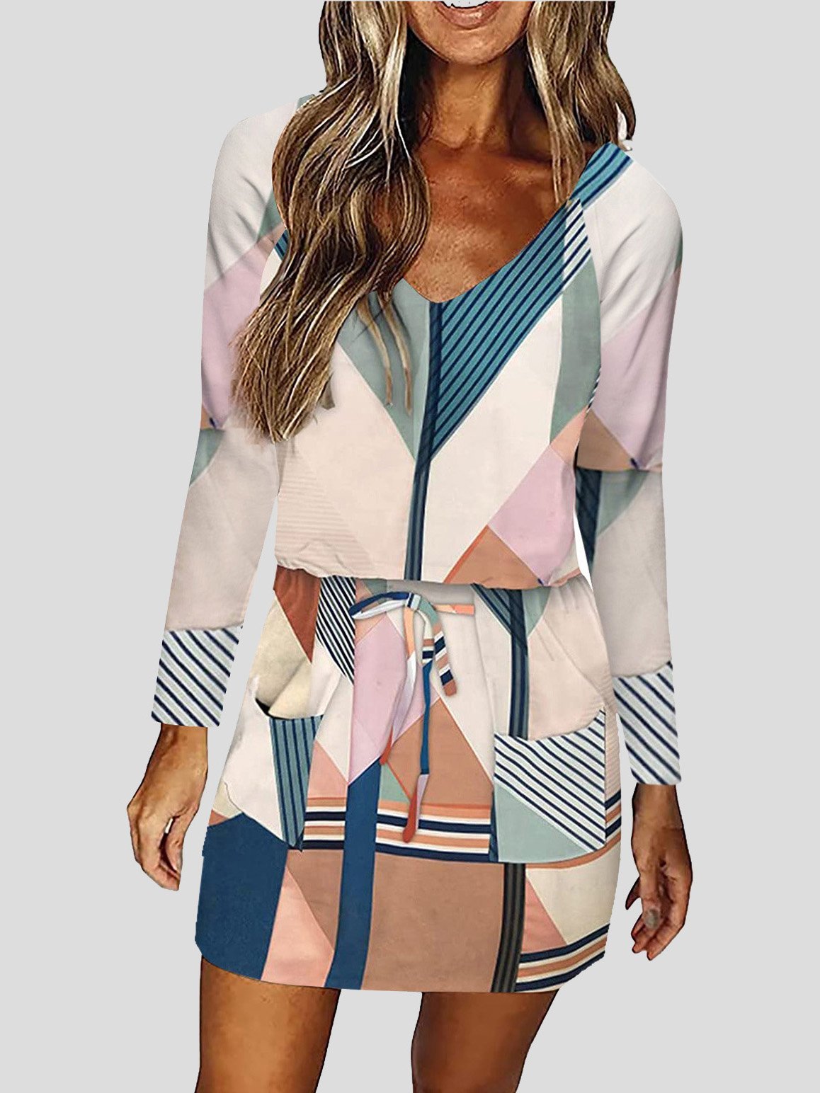 Geometric Print V Neck Long Sleeve Tie Waist Shift Mini Dress 2