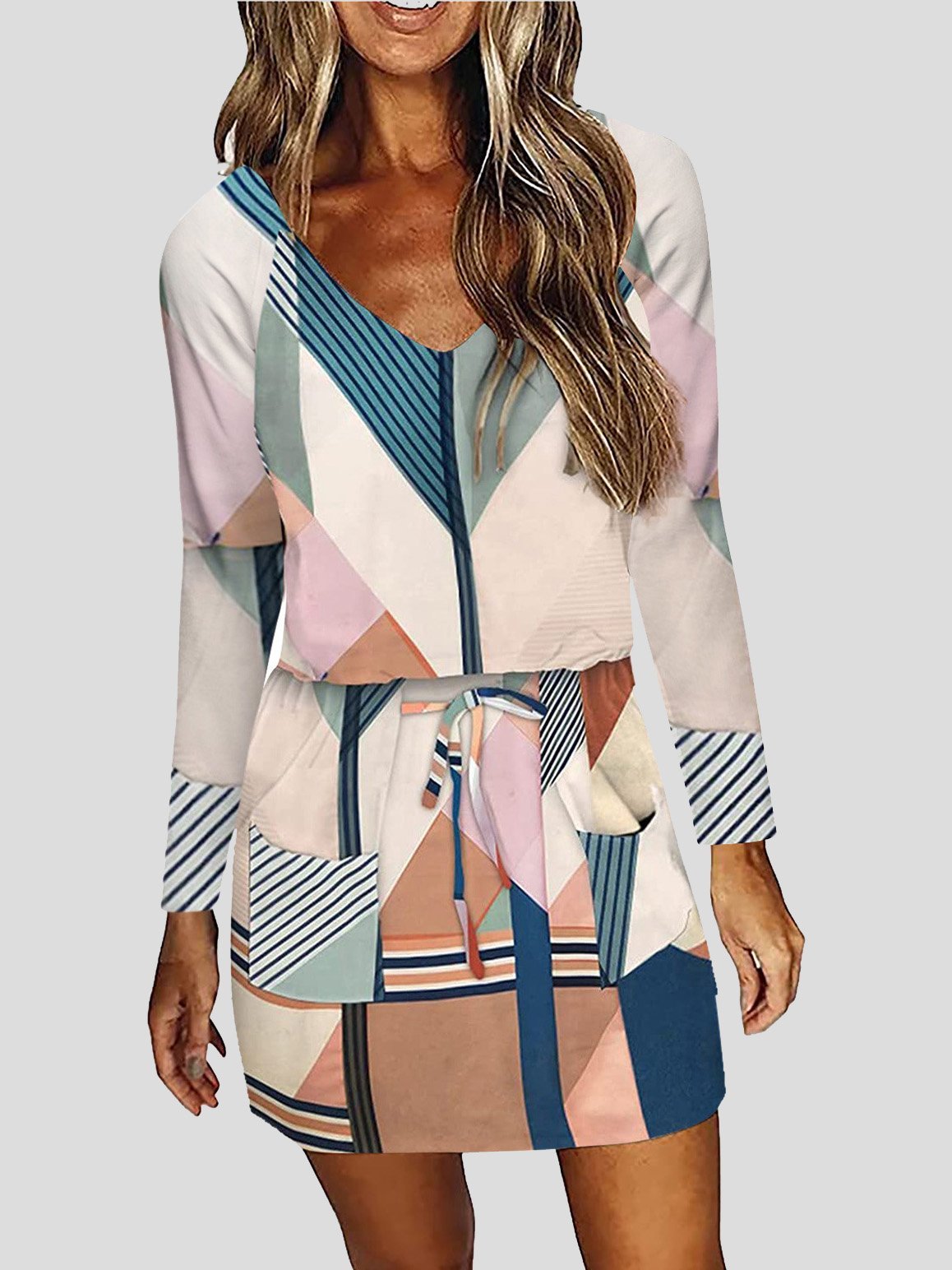 Geometric Print V Neck Long Sleeve Tie Waist Shift Mini Dress 3