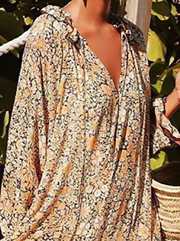 Ditsy Floral Print V-Neck Long Sleeve Dress