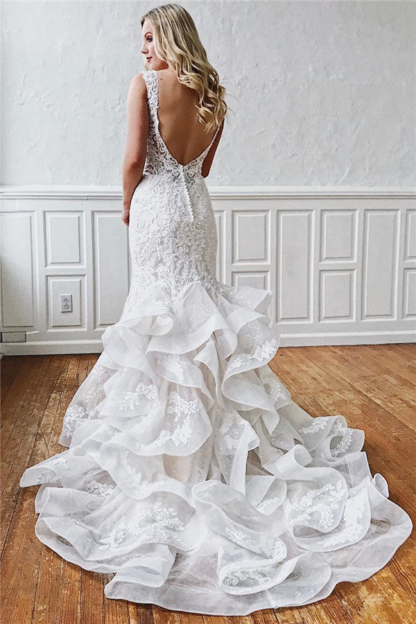 V-Neck Mermaid Lace Wedding Dress With Ruffles - Fashionpara