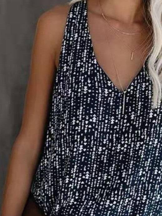 V-neck Printed Solid Color Sleeveless Vest