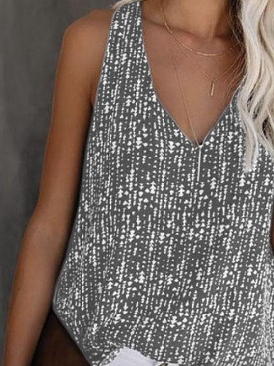 V-neck Printed Solid Color Sleeveless Vest