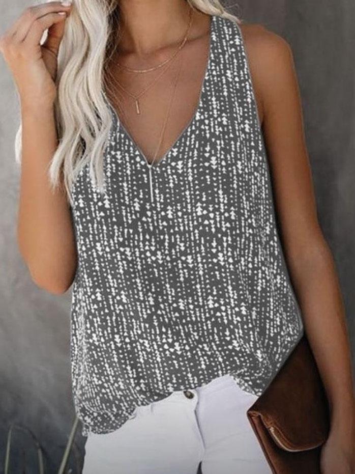 V-neck Printed Solid Color Sleeveless Vest