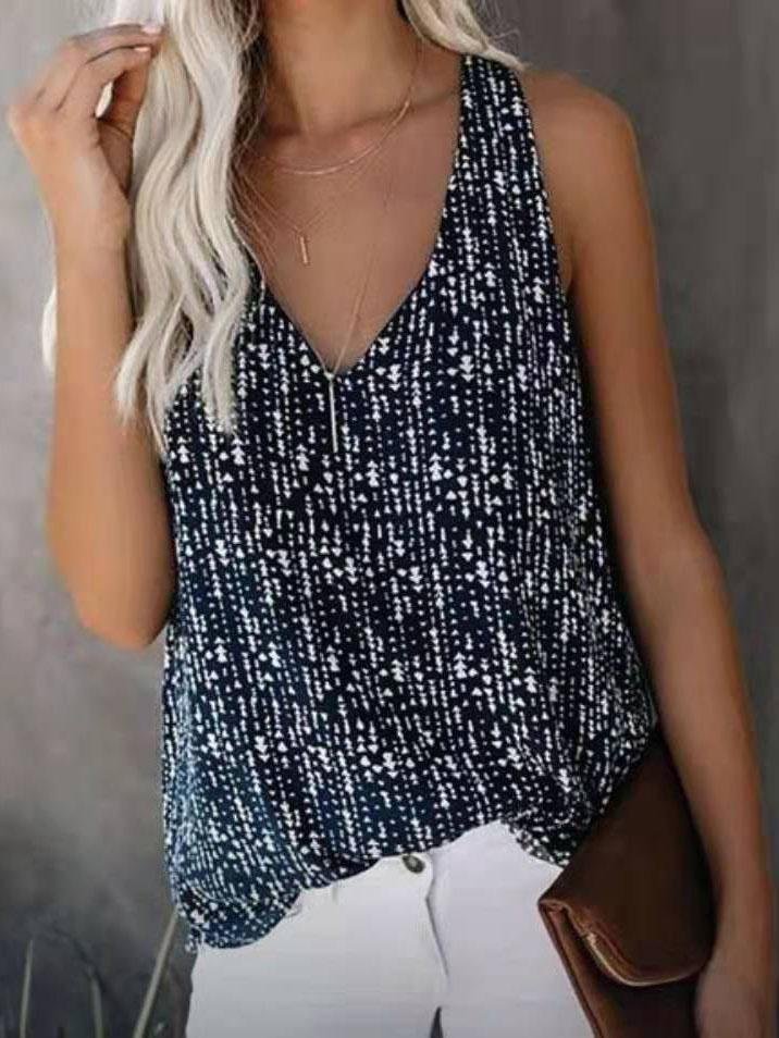 V-neck Printed Solid Color Sleeveless Vest