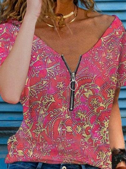 V-neck Printed Zipper Short Sleeve T-shirt