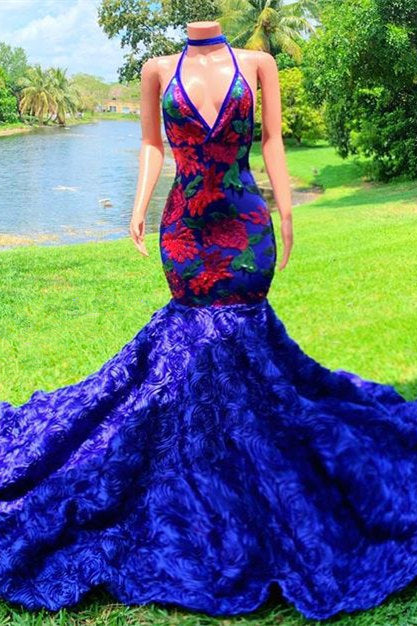 V-Neck Royal Blue Prom Dress Mermaid Sleeveless With Flowers - Fashionpara