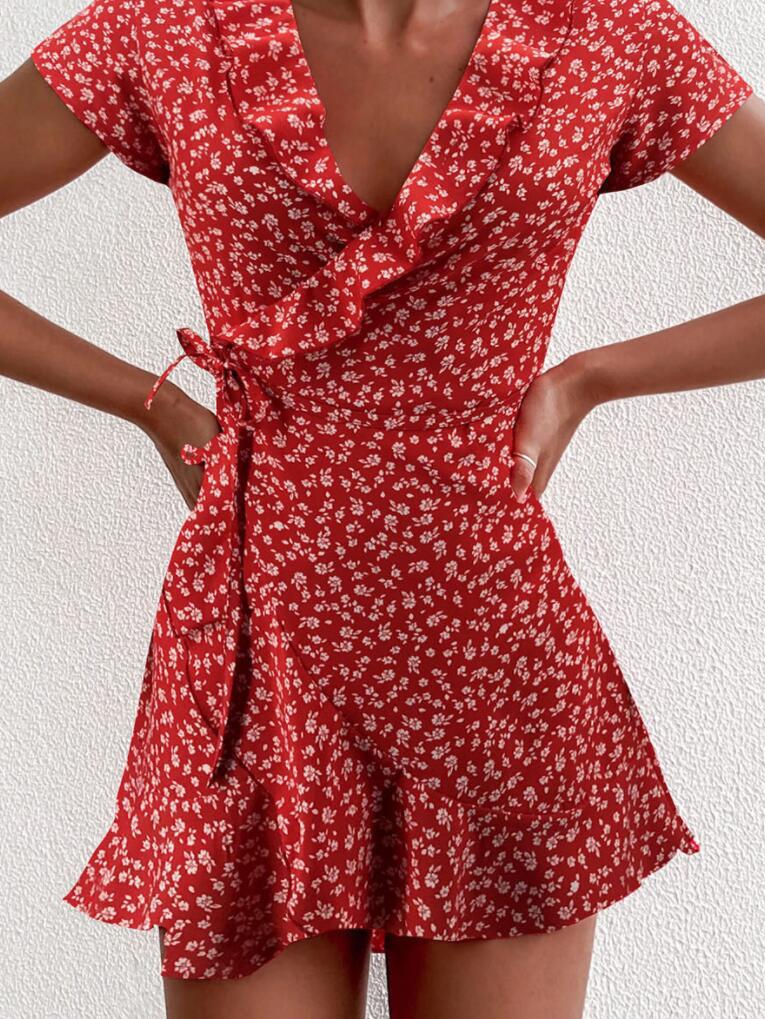 V neck Ruffled Lace up A line Dress - View 2