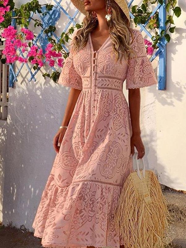 Lace Deep V-Neck Short Bell Sleeve Tiered Lace Trim Midi Dress