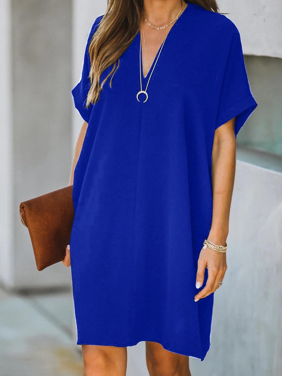 V-neck Short Sleeve Solid Color Loose Dress Ins Street