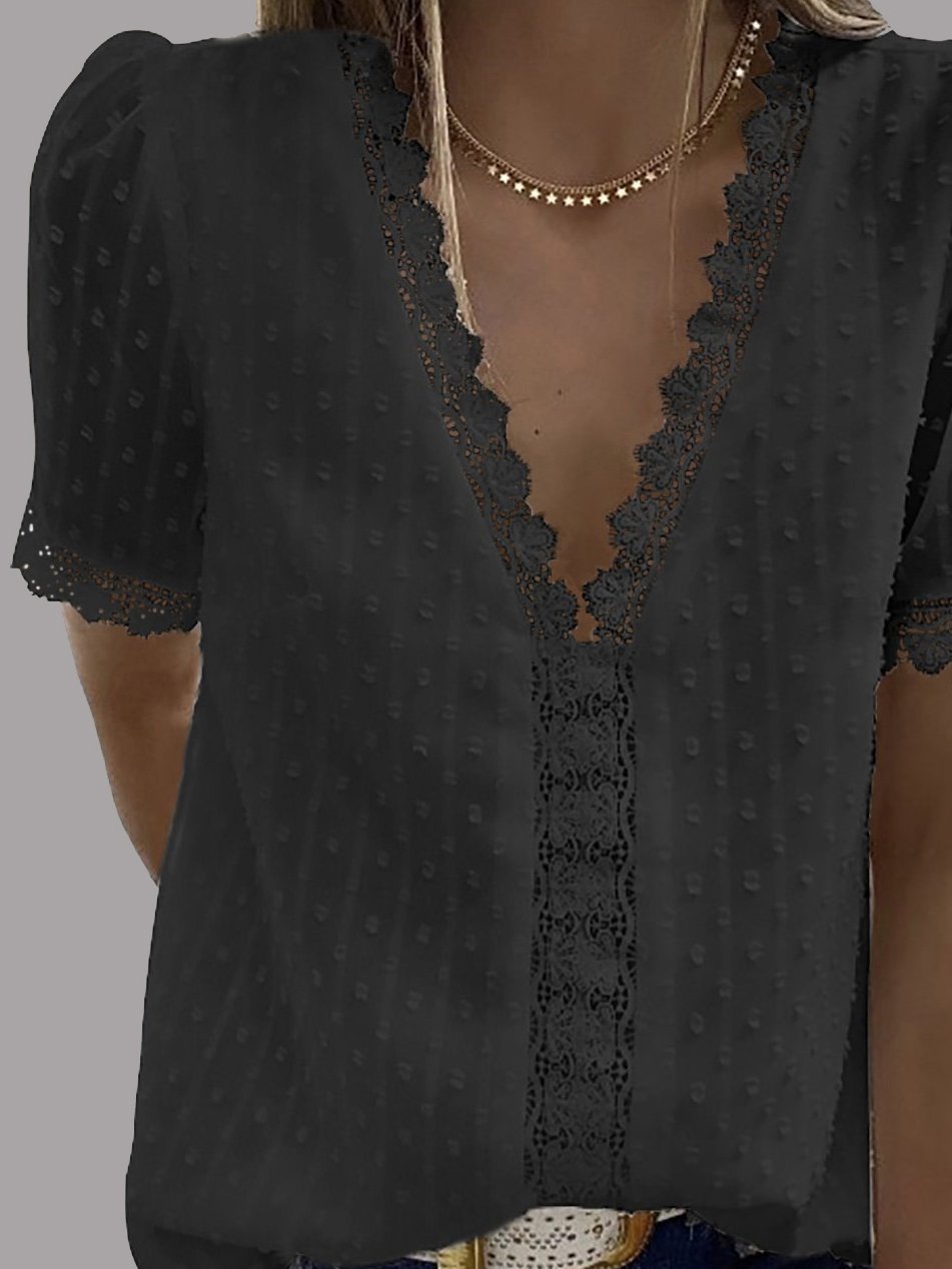 V-neck Short Sleeve Splicing Lace Chiffon Blouses