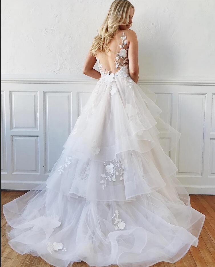 V-Neck Sleeveless Appliques Wedding Dress With Ruffles - Fashionpara
