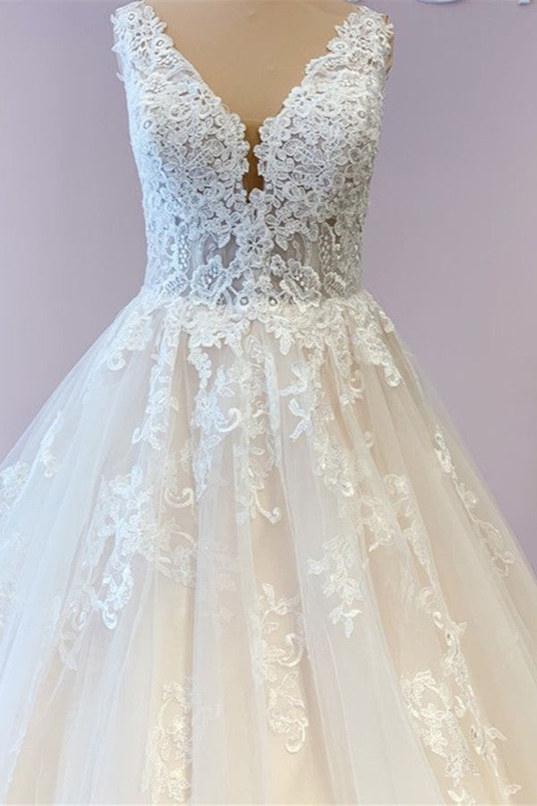 V-Neck Sleeveless Ball Gown Wedding Dress Lace Appliques - Fashionpara
