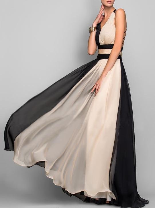 V-neck Sleeveless Color Block Dress Ins Street