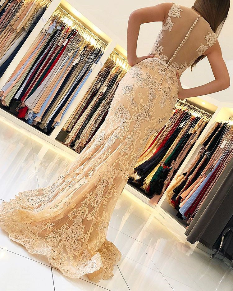 V-Neck Sleeveless Mermaid Evening Dress Lace Appliques - Fashionpara