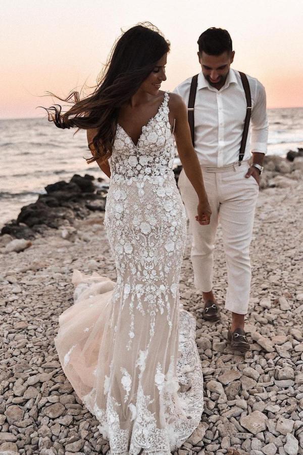 V-Neck Sleeveless Mermaid Wedding Dress With Appliques Bridal Gown - Fashionpara