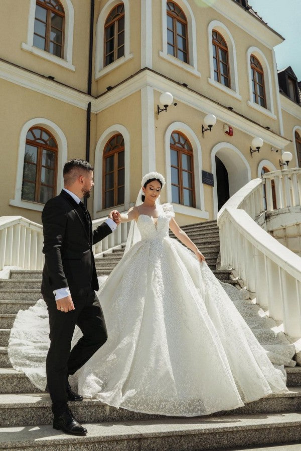 V-Neck Sleeveless Prince Wedding Dress Ball Gown With Lace - Fashionpara