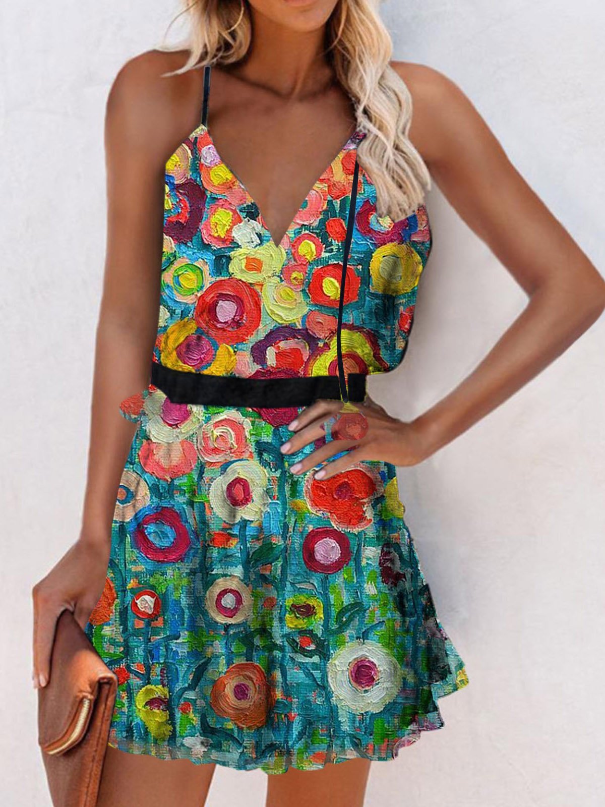 V-Neck Sleeveless Print Suspender Dress