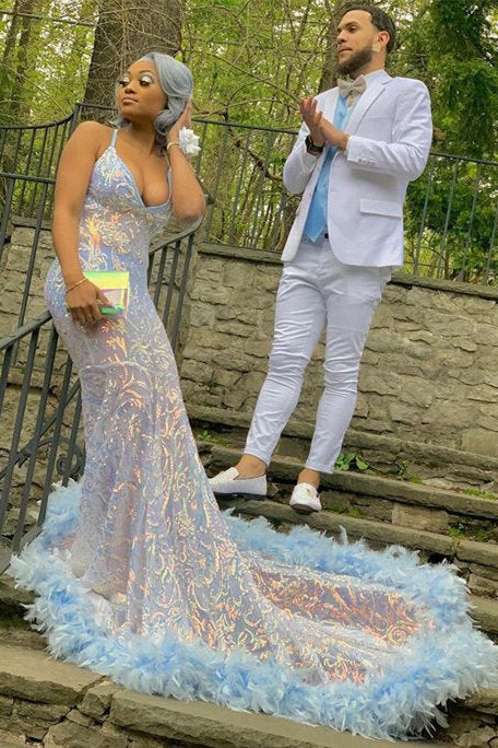 V-Neck Sleeveless Prom Dress Mermaid Sequins With Feather - Fashionpara