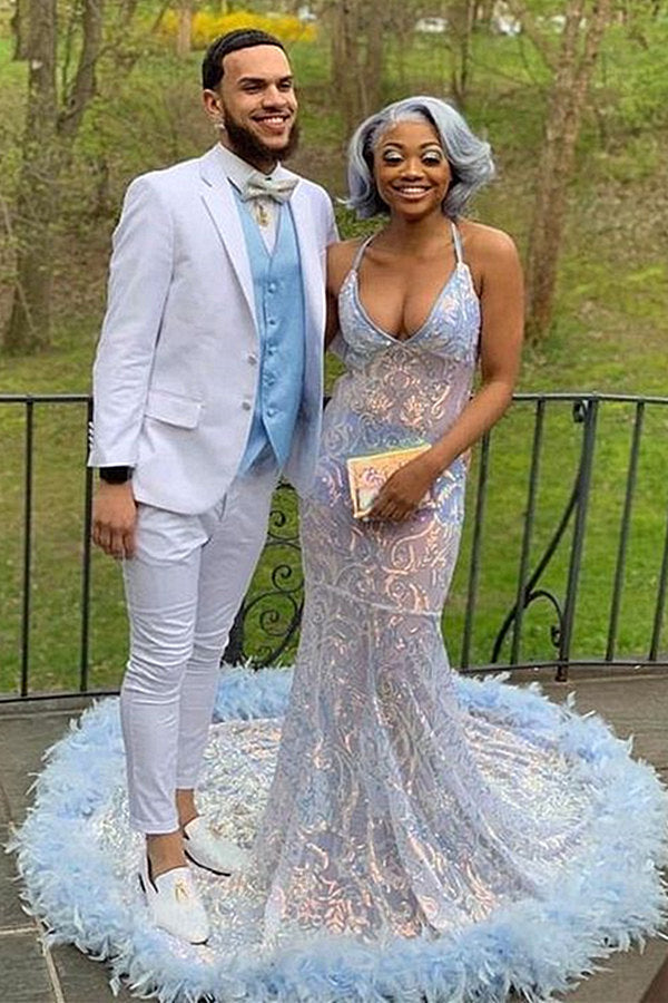 V-Neck Sleeveless Prom Dress Mermaid Sequins With Feather - Fashionpara