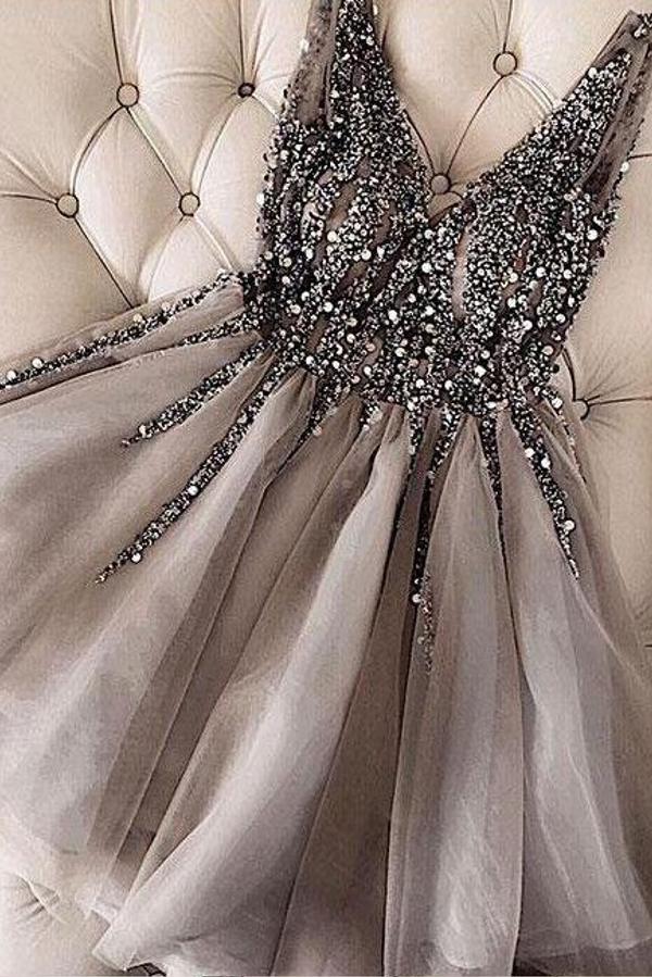 V-Neck Sleeveless Short Homecoming Party Dress With Crystal Appliques - Fashionpara