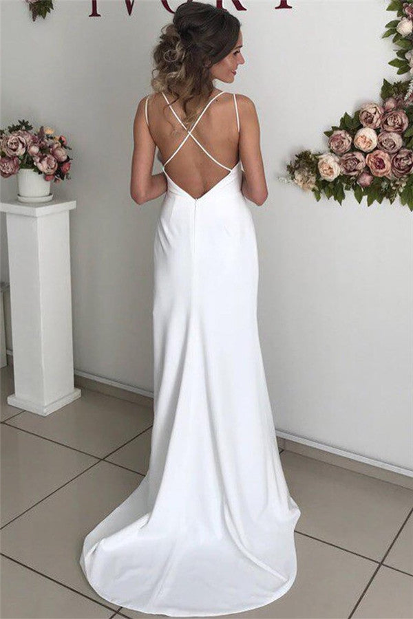 V-Neck Sleeveless Simple Wedding Dress Mermaid With Slit - Fashionpara