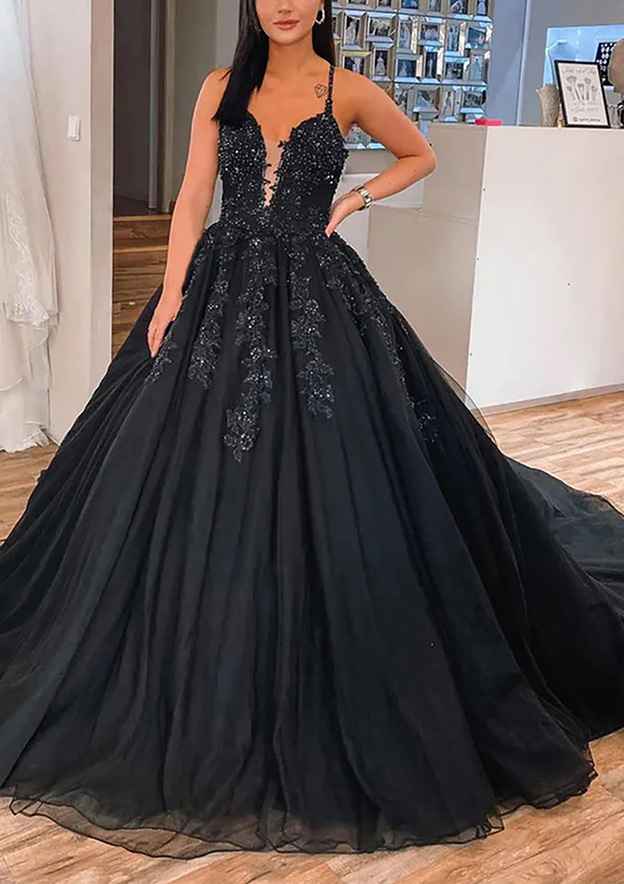 V-Neck Sleeveless Tulle Court Train Prom Dress/Evening Dress With Appliqued Beading Ball Gown - Fashionpara