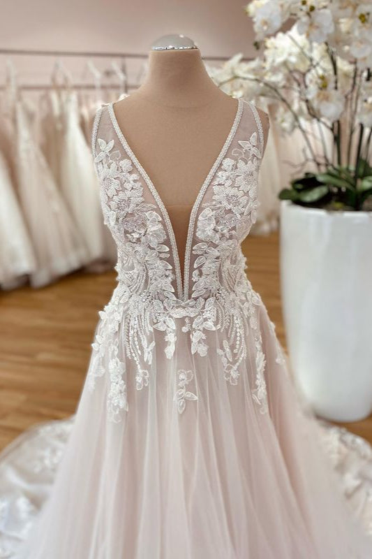 V-Neck Sleeveless Tulle Wedding Dress Long With Appliques - Fashionpara