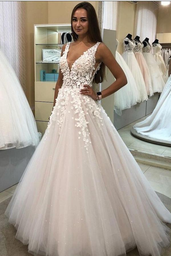 V-Neck Sleeveless Tulle Wedding Dress With Appliques - Fashionpara