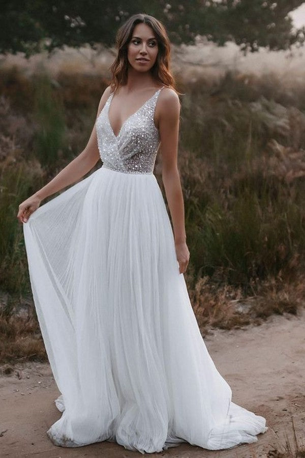 V-Neck Sleeveless Wedding Dress Boho Long Tulle With Sequins - Fashionpara