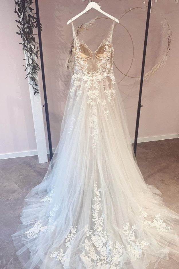 V-Neck Sleeveless Wedding Dress Lace Appliques Long - Fashionpara