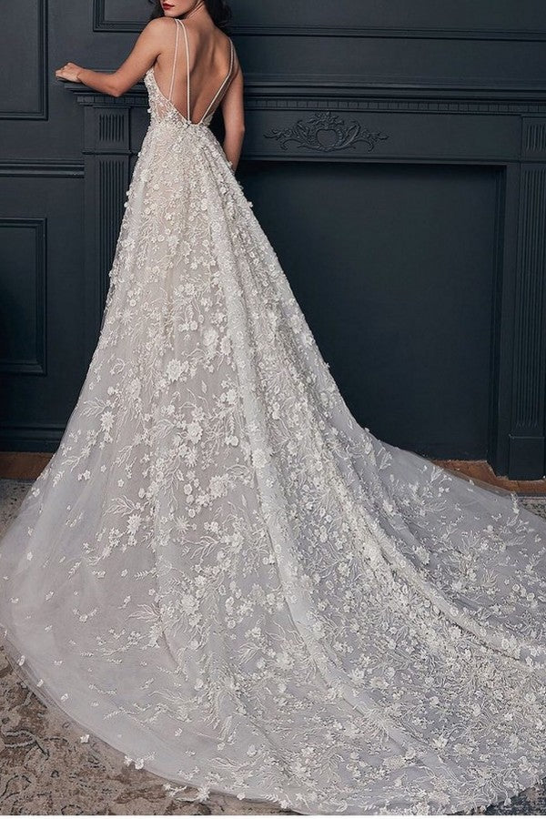 V-Neck Sleeveless Wedding Dress Long With Appliques - Fashionpara