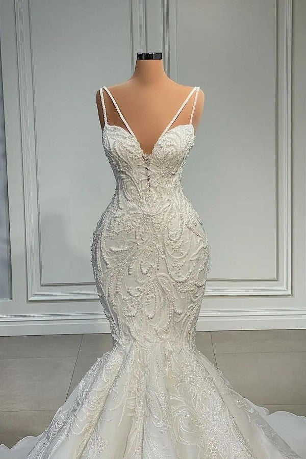 V-Neck Sleeveless Wedding Dress Mermaid Lace With Beads - Fashionpara