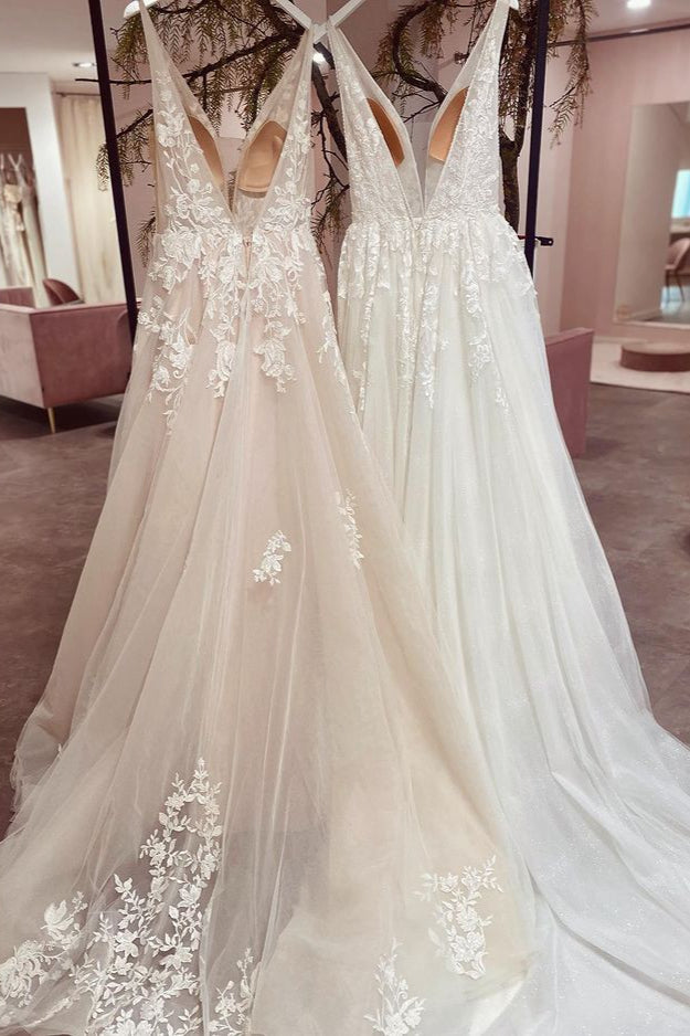 V-Neck Sleeveless Wedding Dress Tulle Long With Appliques - Fashionpara