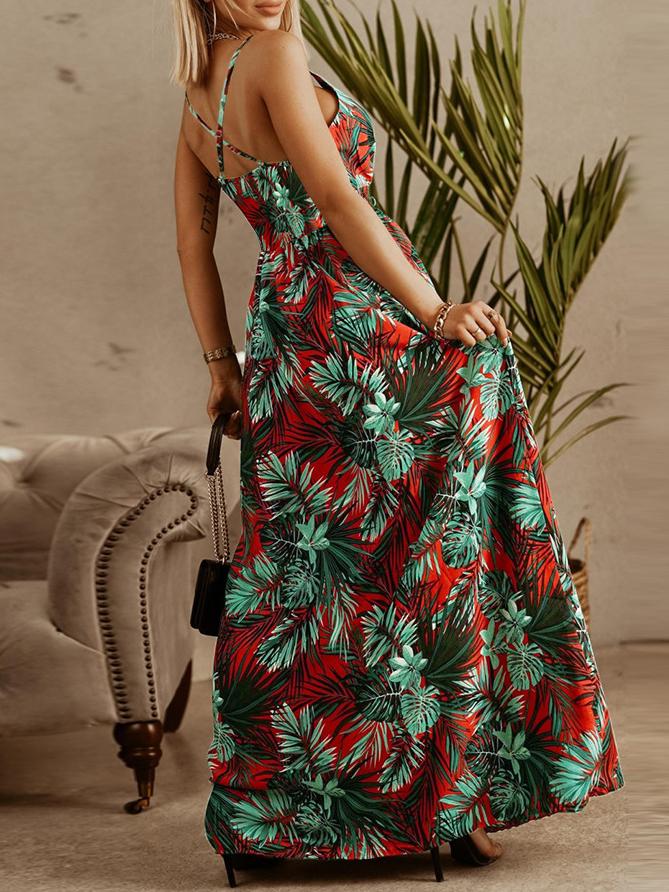Tropical Print V-Neck Spaghetti Strap Wrap Maxi Dress