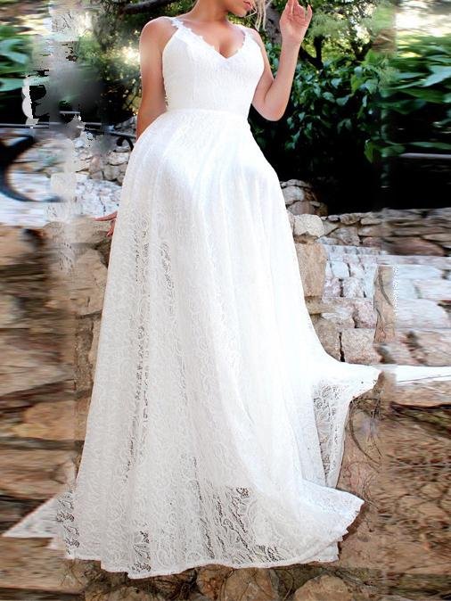 Lace V-Neck Floral Applique Spaghetti Strap A-Line Maxi Gown - View 2