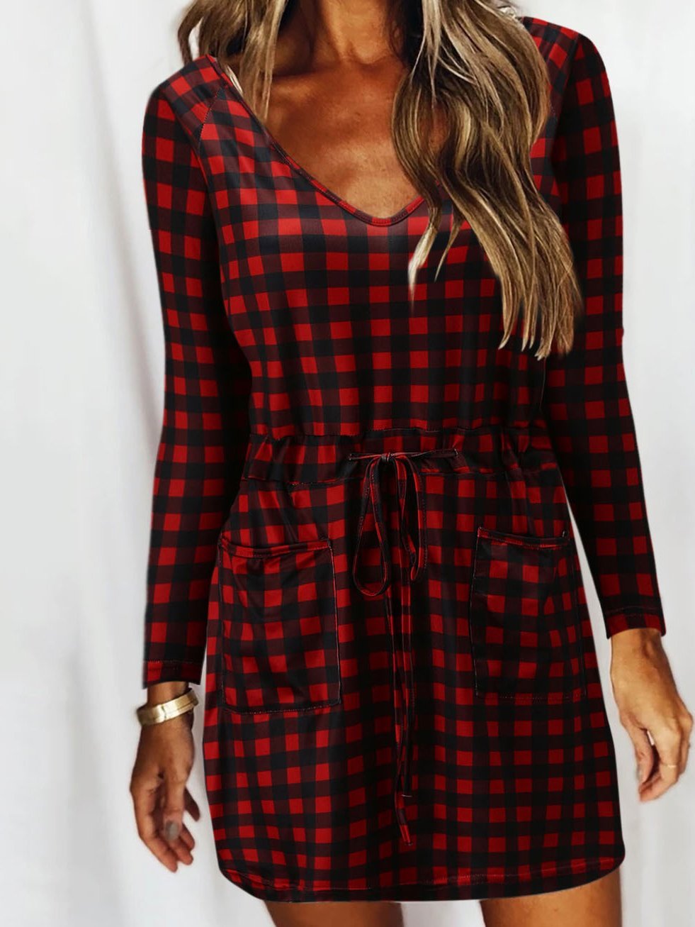Spot Print V-Neck Long Sleeve Drawstring Shift Mini Dress