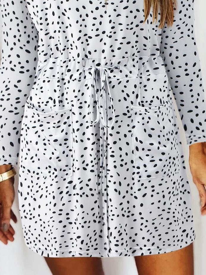 Spot Print V-Neck Long Sleeve Drawstring Shift Mini Dress