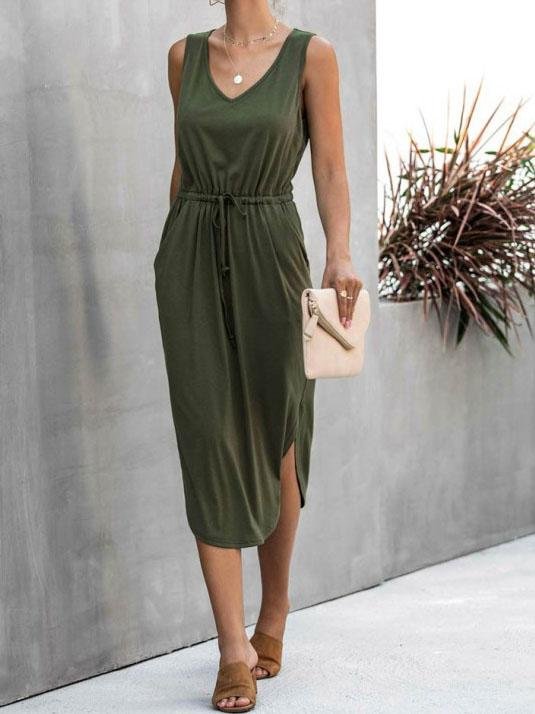 V-Neck Sleeveless Drawstring Waist Midi Dress