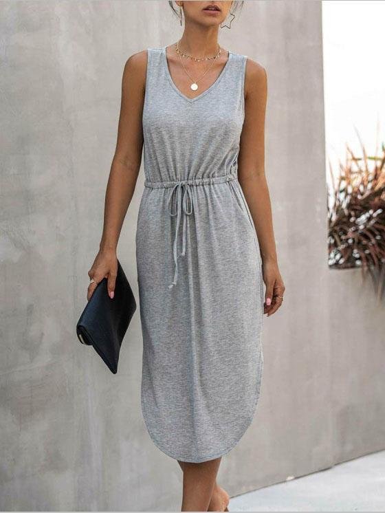 V-Neck Sleeveless Drawstring Waist Midi Dress