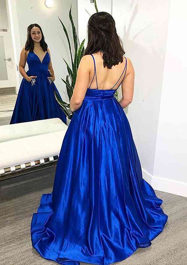 V-Neck Spaghetti Straps Ball Gown Satin Prom Dress/Evening Dress with Pockets & Beading - Fashionpara