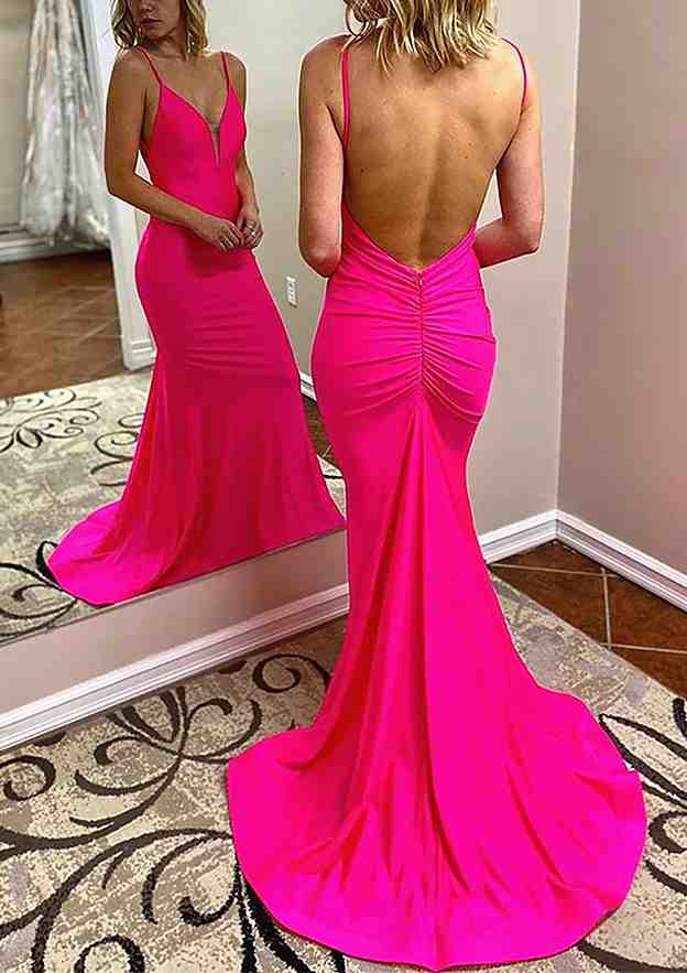V-Neck Spaghetti Straps Court Train Jersey Prom Dress/Evening Dress with Pleated Trumpet/Mermaid Silhouette - Fashionpara