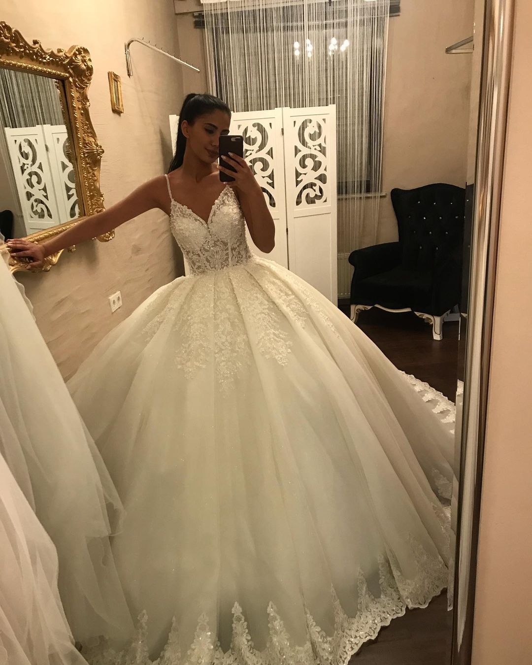 V-Neck Spaghetti-Straps Lace Wedding Dress Ball Gown Sleeveless - Fashionpara