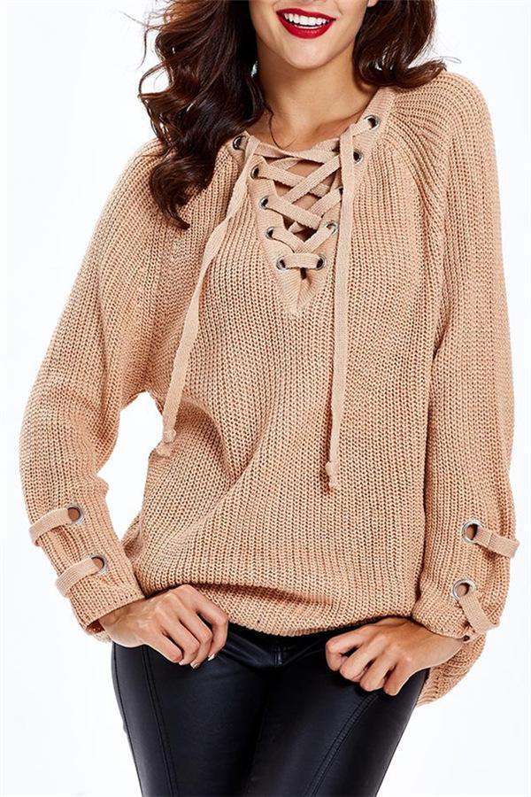 RadyRin V Neck Striped Bandage Sweater with Cross Ties