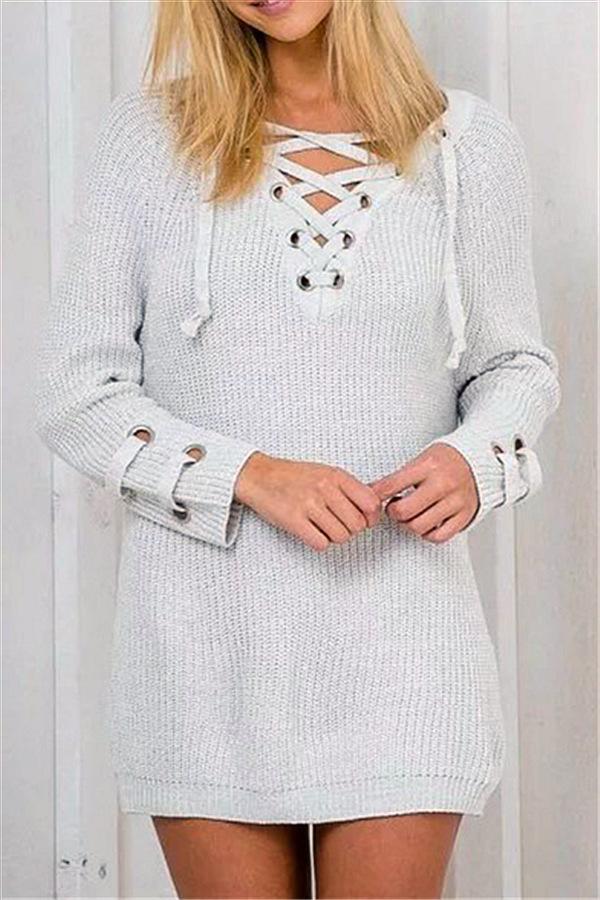 RadyRin V Neck Striped Bandage Sweater with Cross Ties