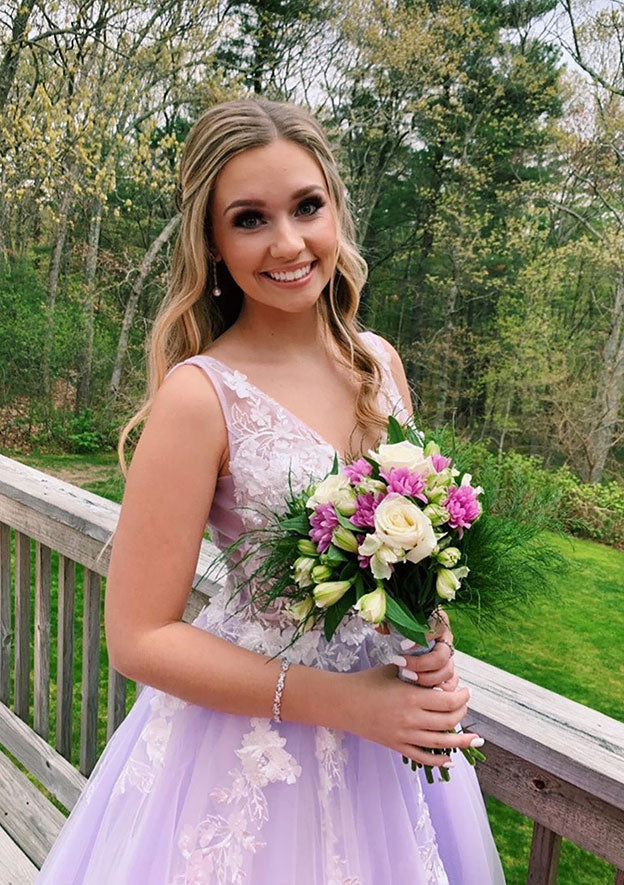 V-Neck Sweep Train Tulle Prom Dress/Evening Dress with Appliqued Princess Look - Fashionpara
