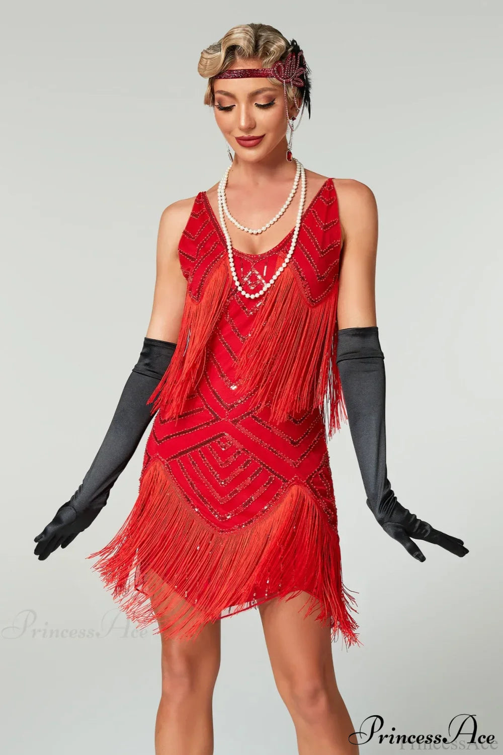 V-Neck Tassel Sequin Party Dress Red / S