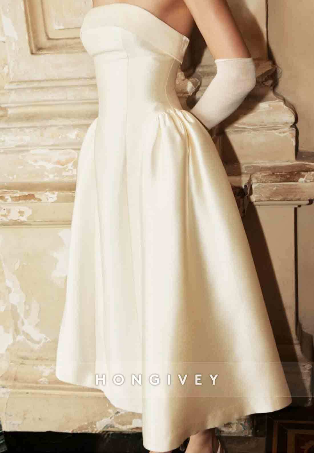 Satin Tea-Length Strapless Pleated Low Back Princess Wedding Dresses